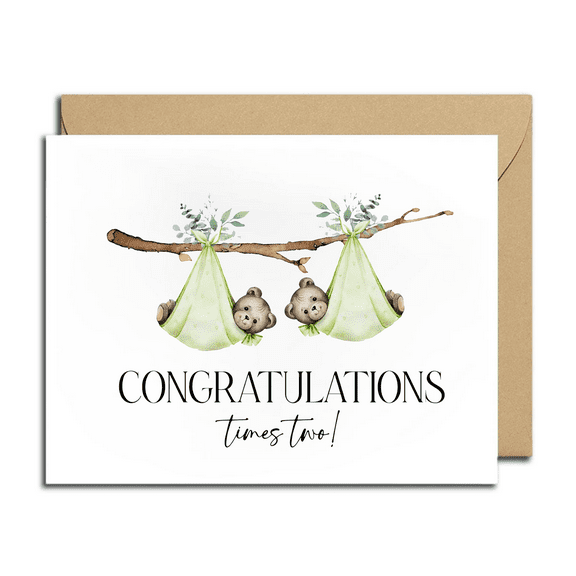 Congratulations Card for Twins - Adorable Bear Design with “Congratulations Times Two!” Message - Perfect for Birth Announcements and Celebrations