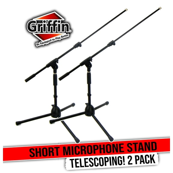 Low-Profile Microphone Stand (2 PACK) by GRIFFIN | Short Tripod Mic Stand Mount with Boom Arm for Kick Bass Drum, Studio Desktop Recording Singing & Guitar Amplifiers | Small Height Telescoping Holder