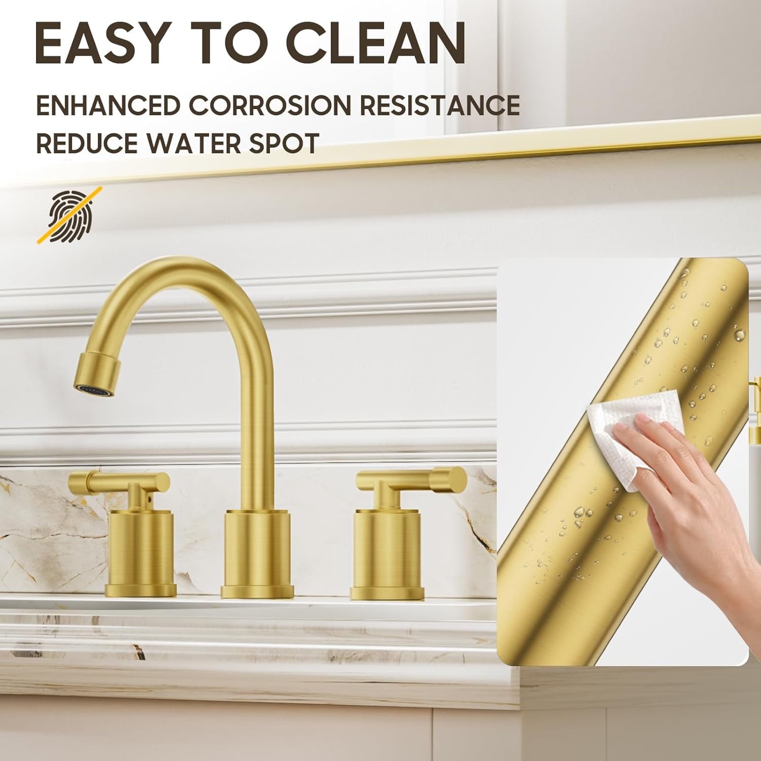 Brushed Gold Widespread 8 Inch Bathroom Faucet，3 Holes 2 Handles Modern Bathroom Sink Faucet with Metal Pop-Up Drain & Water Supply Line,WFZY01-BG