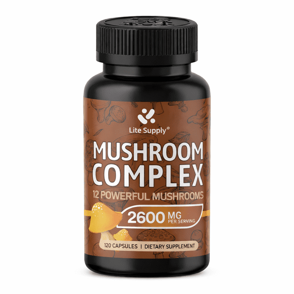 Lite Supply Mushroom Supplement 2600mg, 120 Capsules - 12 Mushrooms Blend - Reishi, Lions Mane, Cordyceps, Chaga, Turkey Tail, Maitake, Shiitake, Oyster Nootropic Complex - Brain, Energy, Focus Pills
