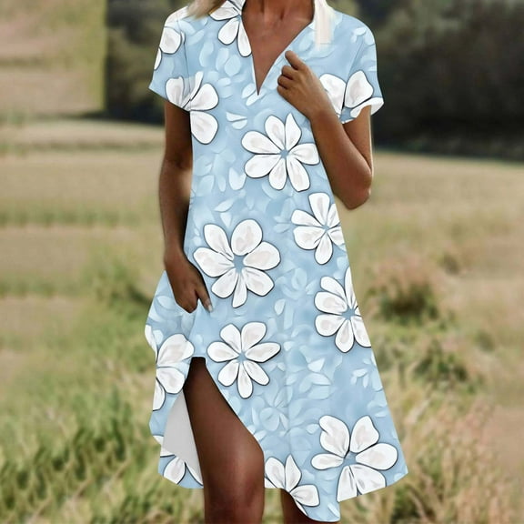 Deals of the Week Wuchoa Women's Plus Size Pleated Tank Dress Flowy Midi Sun Dress Summer Floral Print Short Sleeve Party Dresses Fashion V Neck Bohemian Black Vestidos Casuales Para Mujer