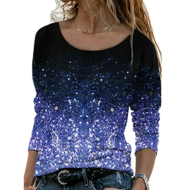 LUXUR T-shirt Col Rond Femme Chic Quotidien Floral Bleu G