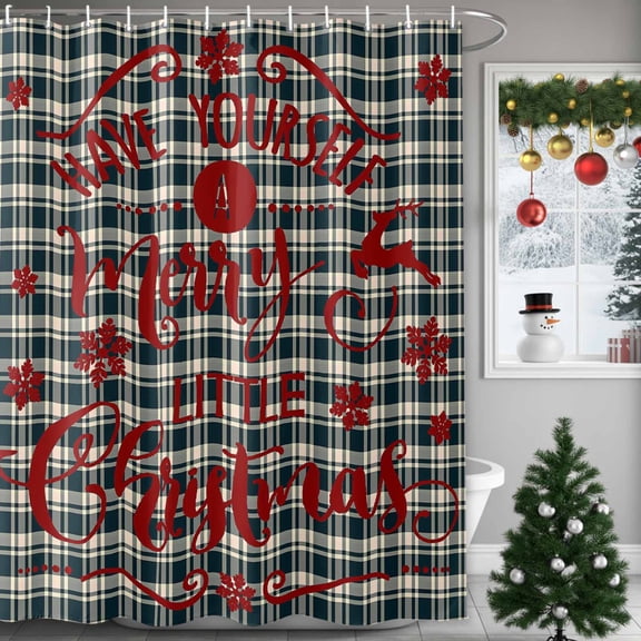 Merry Christmas Shower Curtains for Bathroom, Snowflakes Green Gray Plaid Waterproof Fabric Shower Curtain for Bathroom Bathtub Decoration, Machine Washable, 72"x84"