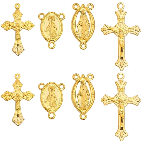 40pcs Golden Rosary Cross Charms and Center Miraculous Medal with Maria Crucifix Cross Pendants and Oval Chandelier Links for Easter Holidays Rosary Jewelry Making, 4 Styles