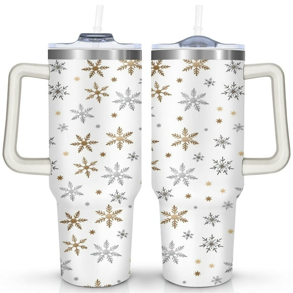 White Golden Snowflakes 40 Oz Tumbler with Handle Lid and Straw Stainless Steel Double Walled Vacuum Insulated Cup Merry Christmas Gifts Tumbler for Women Men Friends Outdoor Indoor