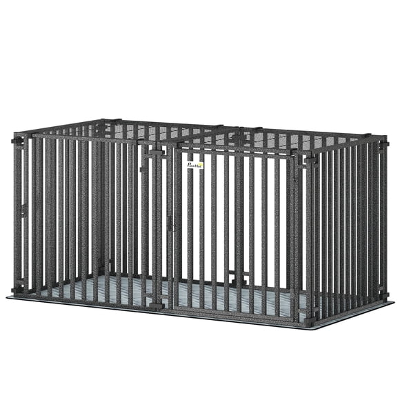 55 Inch Heavy Duty Dog Crate, Extra Large Metal Dog Cage Kennel with Washable Mat, Modular Steel Puppy Playpen for Large Breeds, Black, Indoor Living Room & Bedroom Use