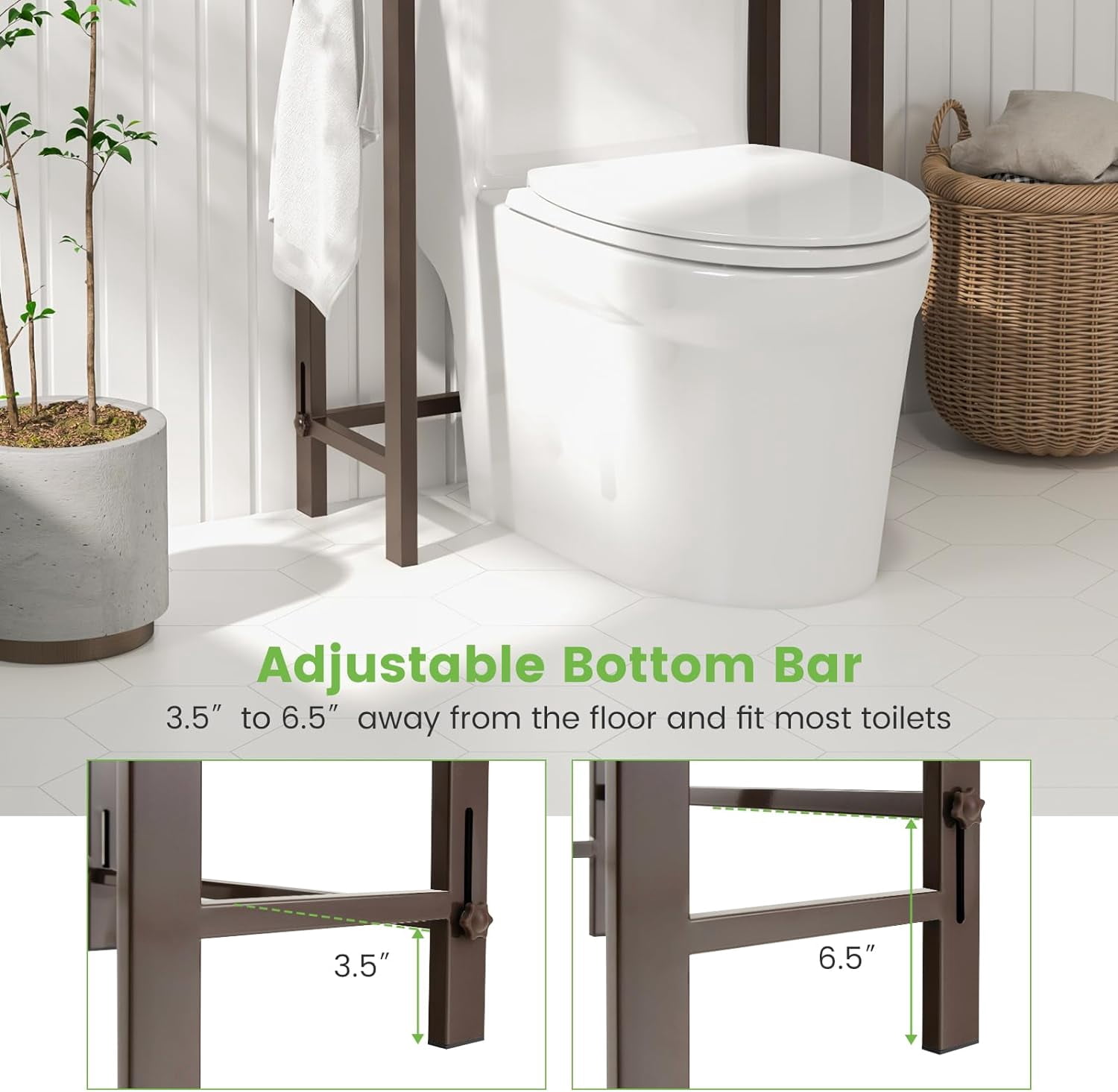 3-Tier Over the Toilet Storage Rack, Freestanding Bathroom Organizer Space Saving w/ Hooks Brown