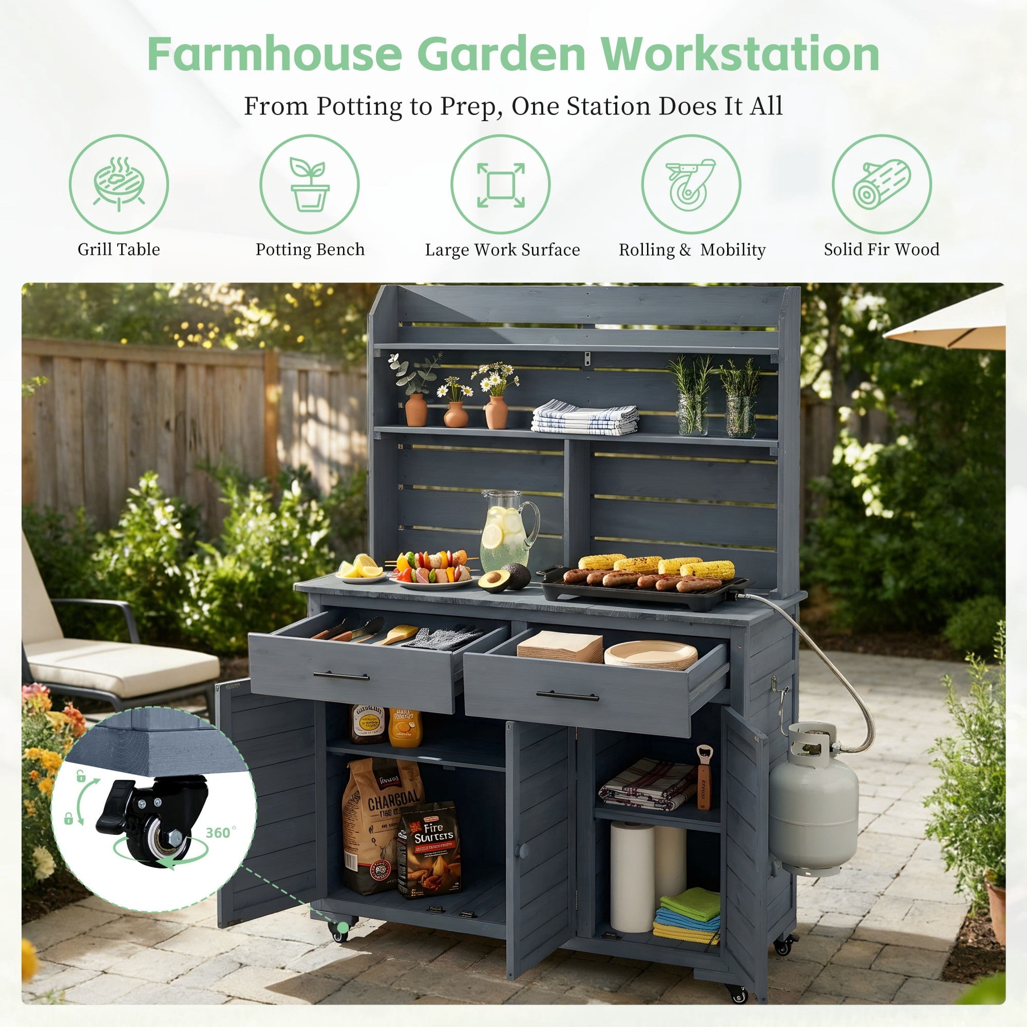 Sailvan 65''H Wood Patio Kitchen Island & Garden Potting Bench,Outdoor Grill Prep Cart with Storage Cabinet,Hutch Top and Wheels Gray
