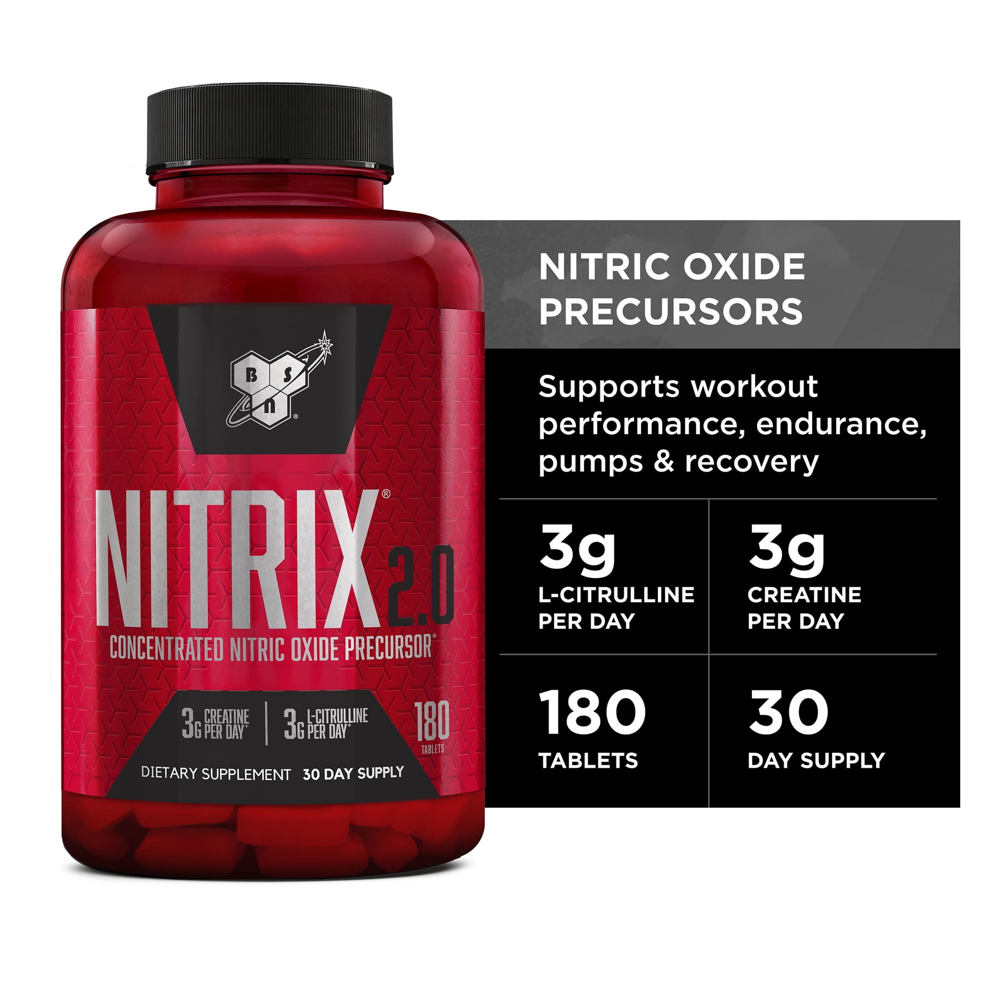 BSN NITRIX 2.0, Workout Supplement, Nitric Oxide Precursors, 180 Tablets, 60 Servings