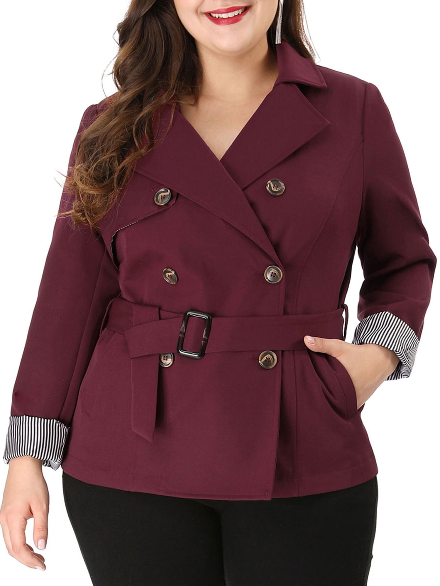 Women's Plus Size Double Breasted Belted Winter Trench Coat - Walmart.com
