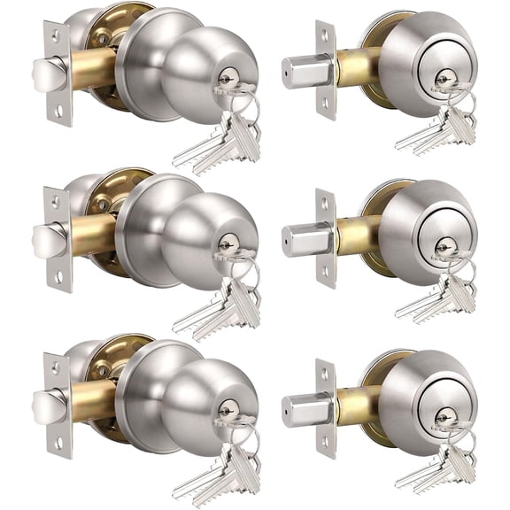 3 Set Keyed Same Entry Door Knob with Single Cylinder Deadbolt, One Keyway Door Lock Set in Satin Nickel Finish, Indoor/Outdoor Security Door Handles