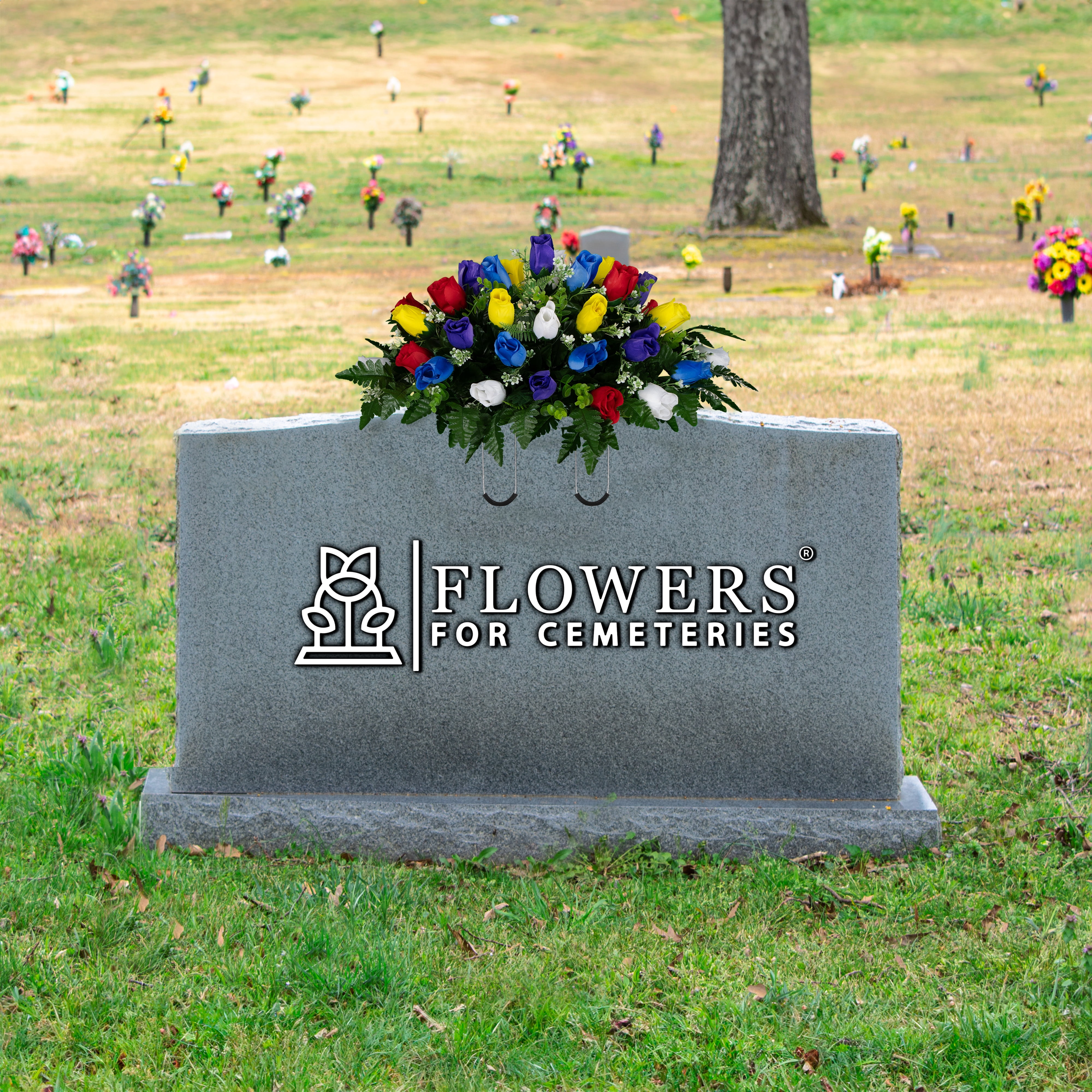 Sympathy Silks Artificial Cemetery Flowers 30" Multi-Color Rose Buds Saddle for Headstone