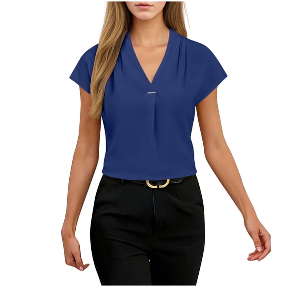 AKOEE Business Casual Outfits Womens Short Sleeve V Neck Shirt Pleated Elegant Dressy Tops Office Work Blouse (XL, Blue)
