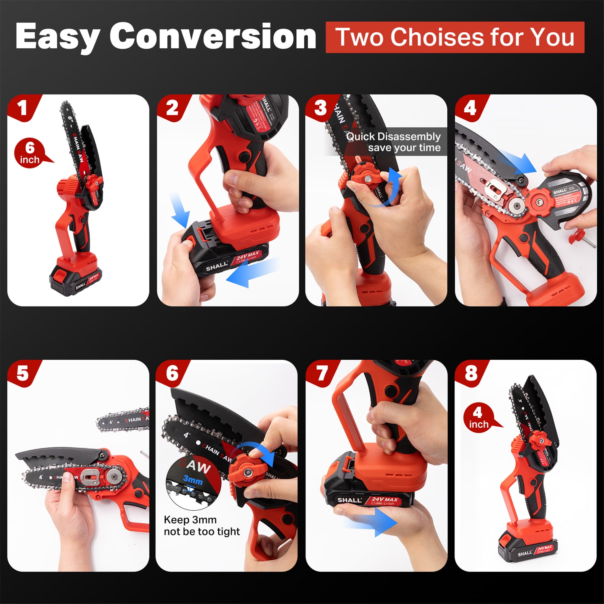 SHALL Mini Chainsaw Cordless 6 Inch & 4 Inch, 24V Portable Electric Chainsaw, Handheld ChainSaw  2 Batteries 4 Chains for Tree Branches,Courtyard,Household and Garden
