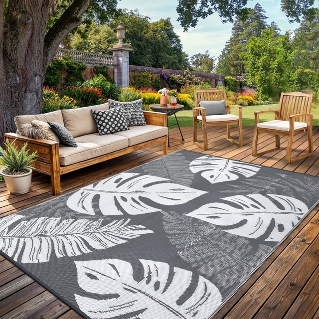 Garvee 10'x14' Outdoor Rug Waterproof Plastic Straw Rug, Modern Tropical Leaf Woven Carpet UV-Resistant Reversible Mat for Patio RV Deck Beach Porch, Grey White
