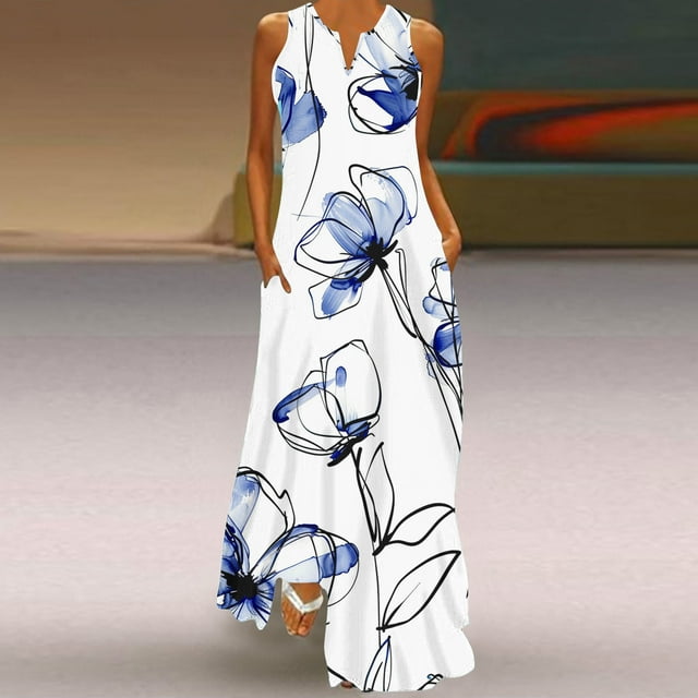 Meichang Robes Longues Maxi pour Femmes Boho à Imprimé Floral, Encolure en V Fendue, Sans Manches, Longues avec Poches, Coupe Ample Évasée, Robe de Plage pour Vacances au Soleil
