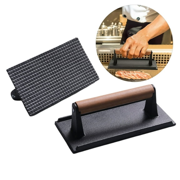 Ludlz Meat Press Burger Press Rectangle Round Heavy-Duty Cast Bacon Press Steak Preee Nonstick Pan with Wood Handle