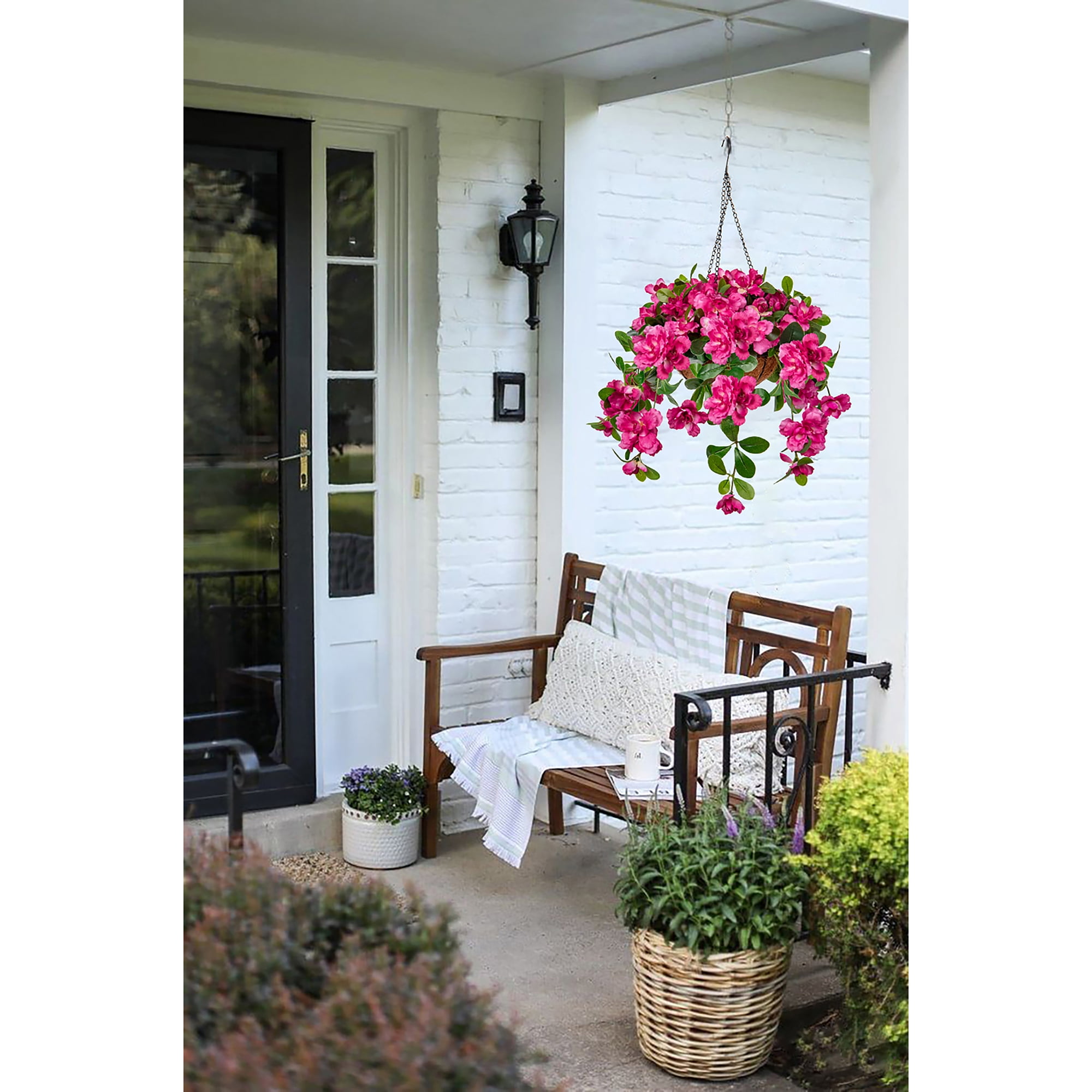 Fake Hanging Flowers with Basket, Artificial Bougainvillea Silk Plants Faux Spring Flowers for Outdoor Front Porch Patio Garden Balcony Decorations, Pink