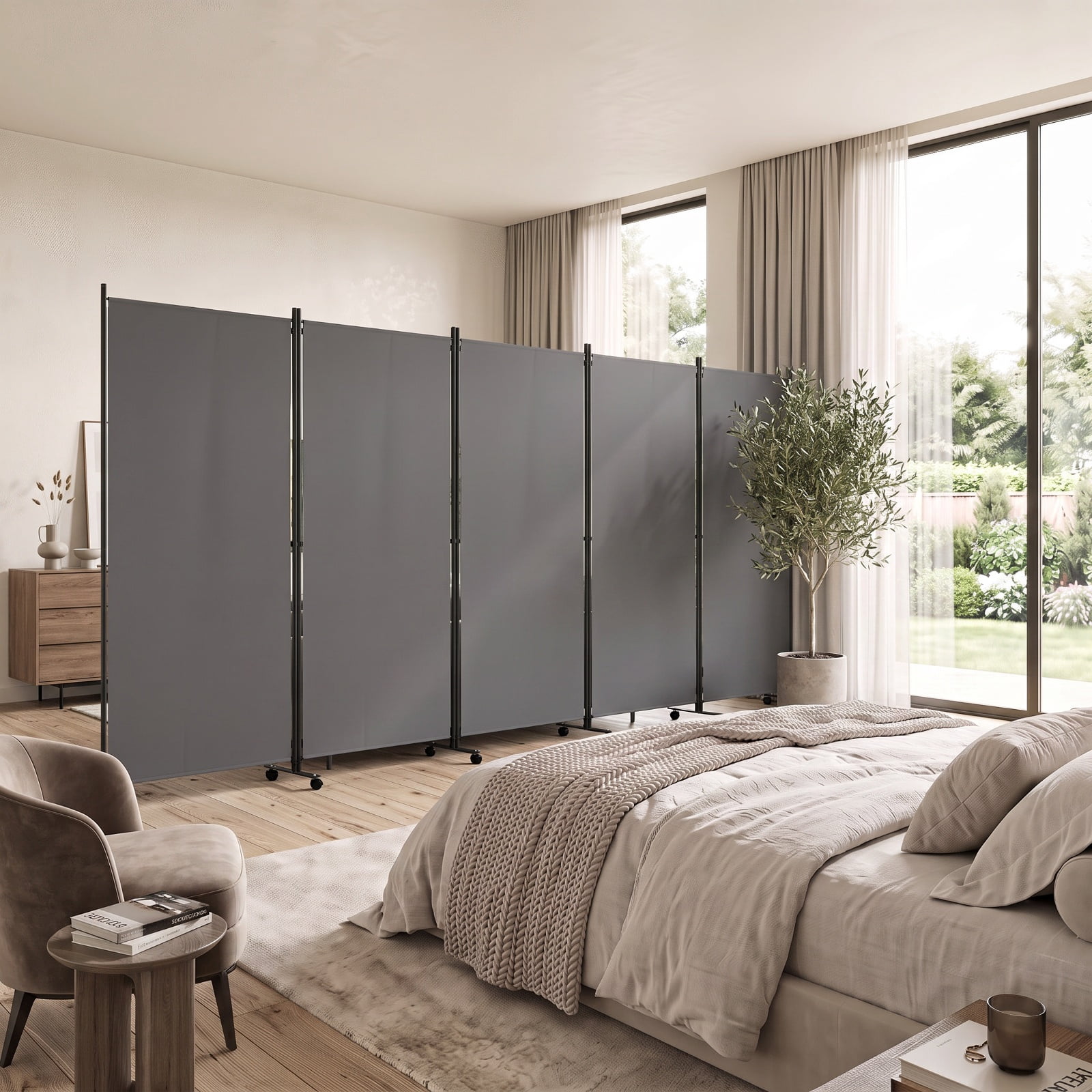 Vebreda 6-Panel Rolling Room Divider Folding Privacy Screen with Lockable Wheels, Freestanding Fabric Partition for Bedroom Office Studio, Gray