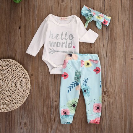 

Cotton Newborn Baby Girls Romper +Floral Pants+Headband 3Pcs Outfits Set Clothes