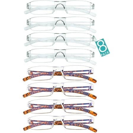 8 Pairs Reading Glasses, Blue Light Blocking Glasses, Computer Reading Glasses for Women and Men, Fashion Square Eyewear Frame (4clear+4tortoise,+4.00 Magnification)