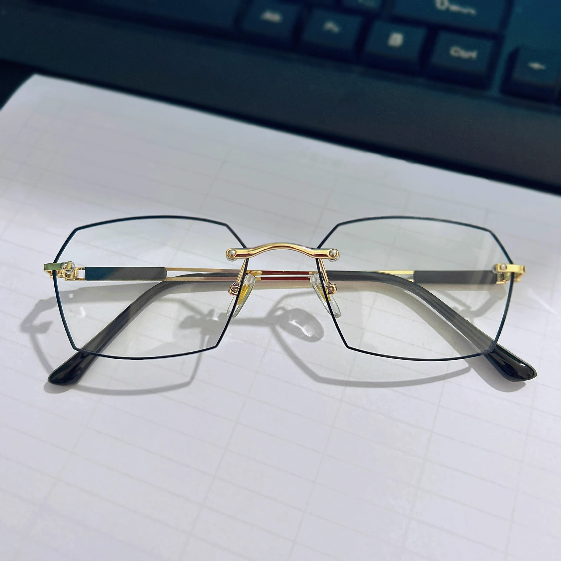 2 Pairs of Men's Fashion Blue Light Blocking Rimless Reading Glasses 2.5, Metal Gold Rectangular PHOTOCHROMIC Sunglasses Readers +2.50