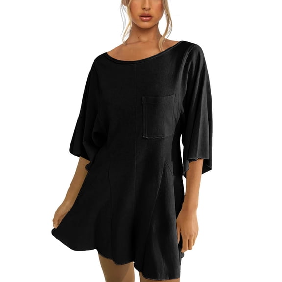HXWCHs Wedding Guest Jumpsuits for Women, Women's Casual Loose Fit Short Sleeve Romper Jumpsuit Dress Featuring Convenient Side Pockets M Black