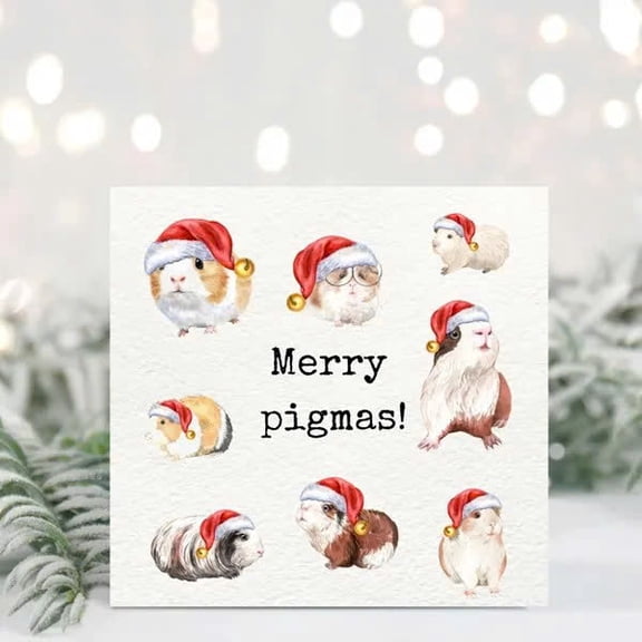 Cute Guinea Pig Christmas Card – “Merry Pigmas” Design with Adorable Piggies in Santa Hats – Perfect Holiday Greeting Card – Blank Inside with Envelope Included