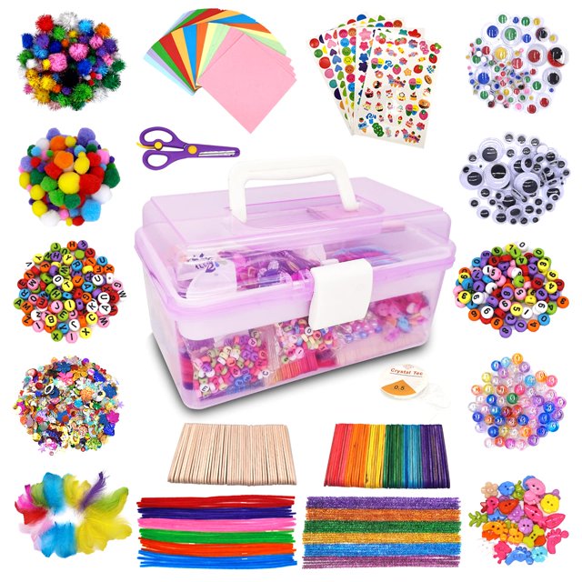 Kit de caja de manualidades para niños de más de 1000 piezas, artes y manualidades para niños pequeños, incluye pompones, limpiadores de tuberías, caja plegable de plumas oso de fresa Electrónica