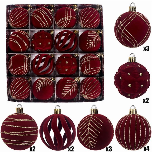 Bolas de Navidad para árbol de Navidad, 16 bolas de plástico con terciopelo flocado, adornos colgantes decorativos navideños, decoración elegante para el hogar, la oficina, el dormitorio,