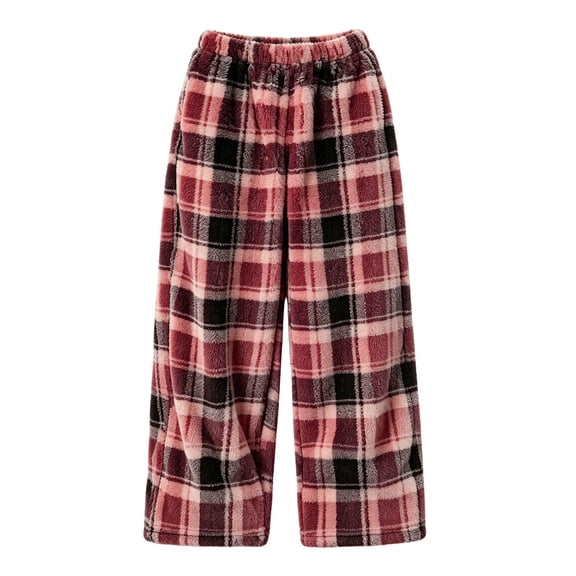 SERTGUTR Girls Plaid Fleece Wide Leg Pants, Elastic High Waist Loose Fit Trousers, Side Pocket Warm Home Pants, Winter Everyday Comfortable Bottoms