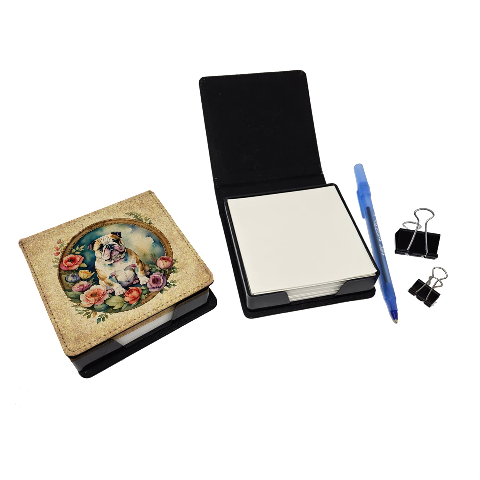 Caroline's Treasures English Bulldog and Flowers PU Leather Note Paper Holder with Artist-Designed Cover, Desk Accessory, Office Gift