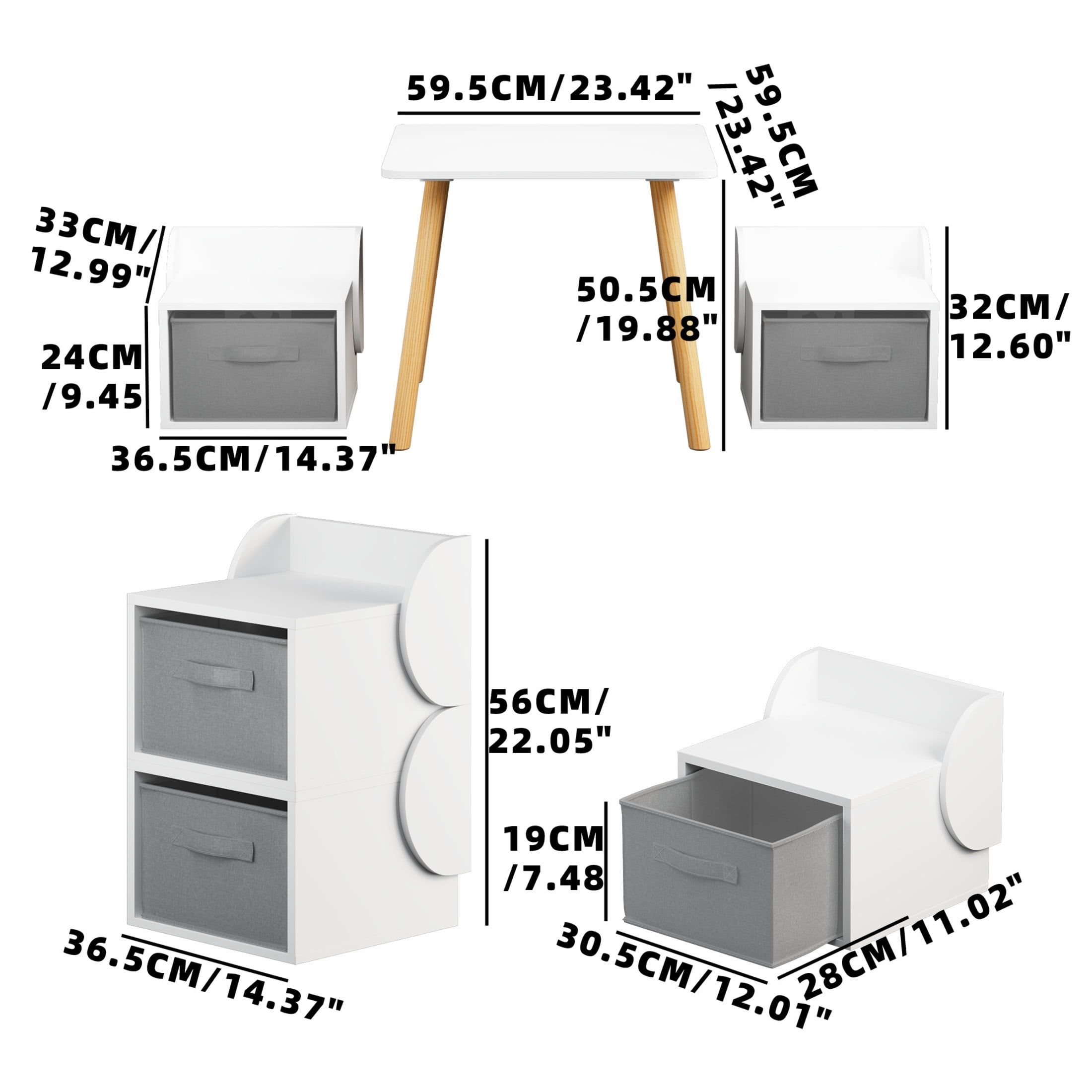 Noble House Lornic Scandi Kids Play Table and Chair Set, 3-Piece Toddler Activity Set with Storage Drawers, White & Natural