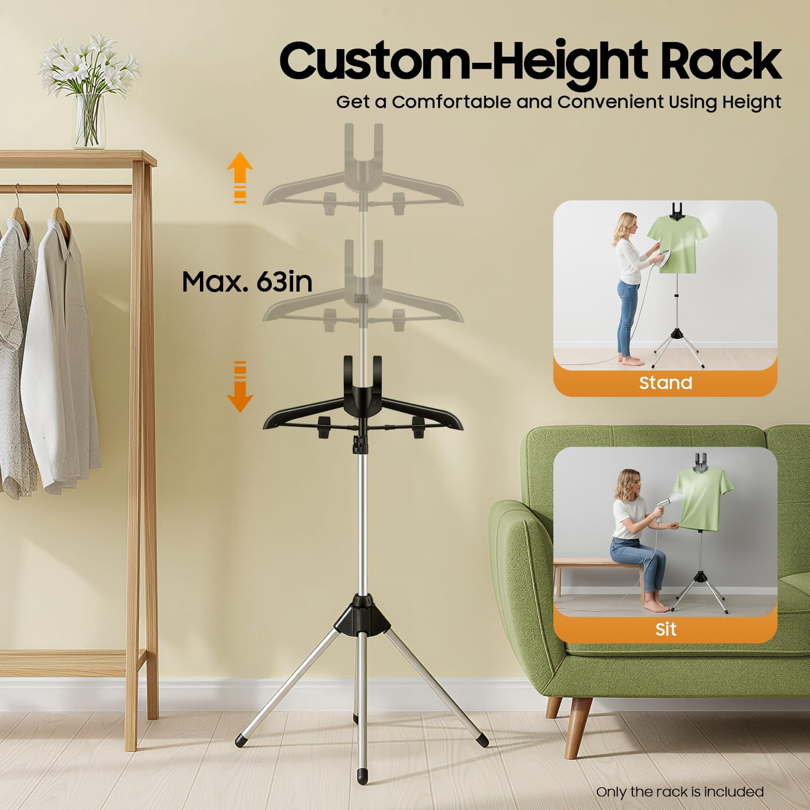 Miumaeov Steamer Stand for Clothes, Adjustable Height 63 Inch Garment Steamer Rack with Hanger, Portable Fabric Steamer Hanger Stand for Home, Clothing Store, Hotel, Black Silver