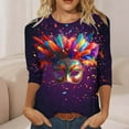 thumbnail image 7 of Ounisa 2025 Womens 3/4 Sleeve Tops Mardi Gras Outfit for Women Fashion Round Neck Clothes Mardi Gras Mask Printed Color Block Blouse, 7 of 7