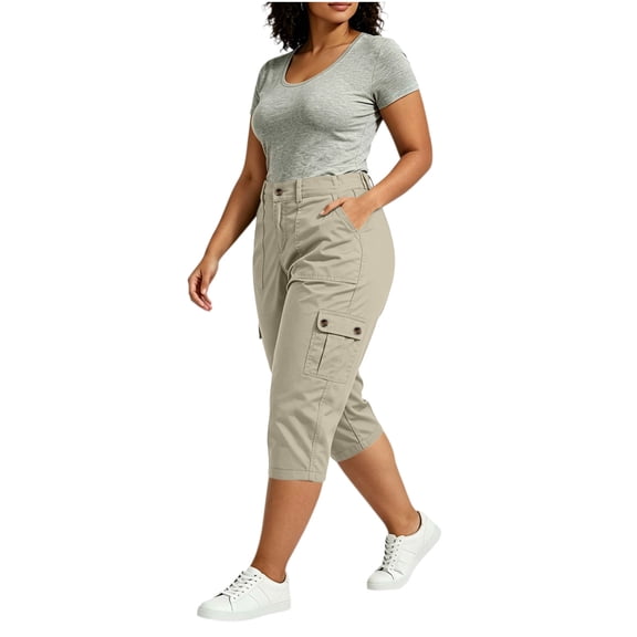 BXJX Womens Plus Size Capris, Summer Elastic Waist Multi-Pocket Causal Capri Pants for Women Khaki Size L-5XL