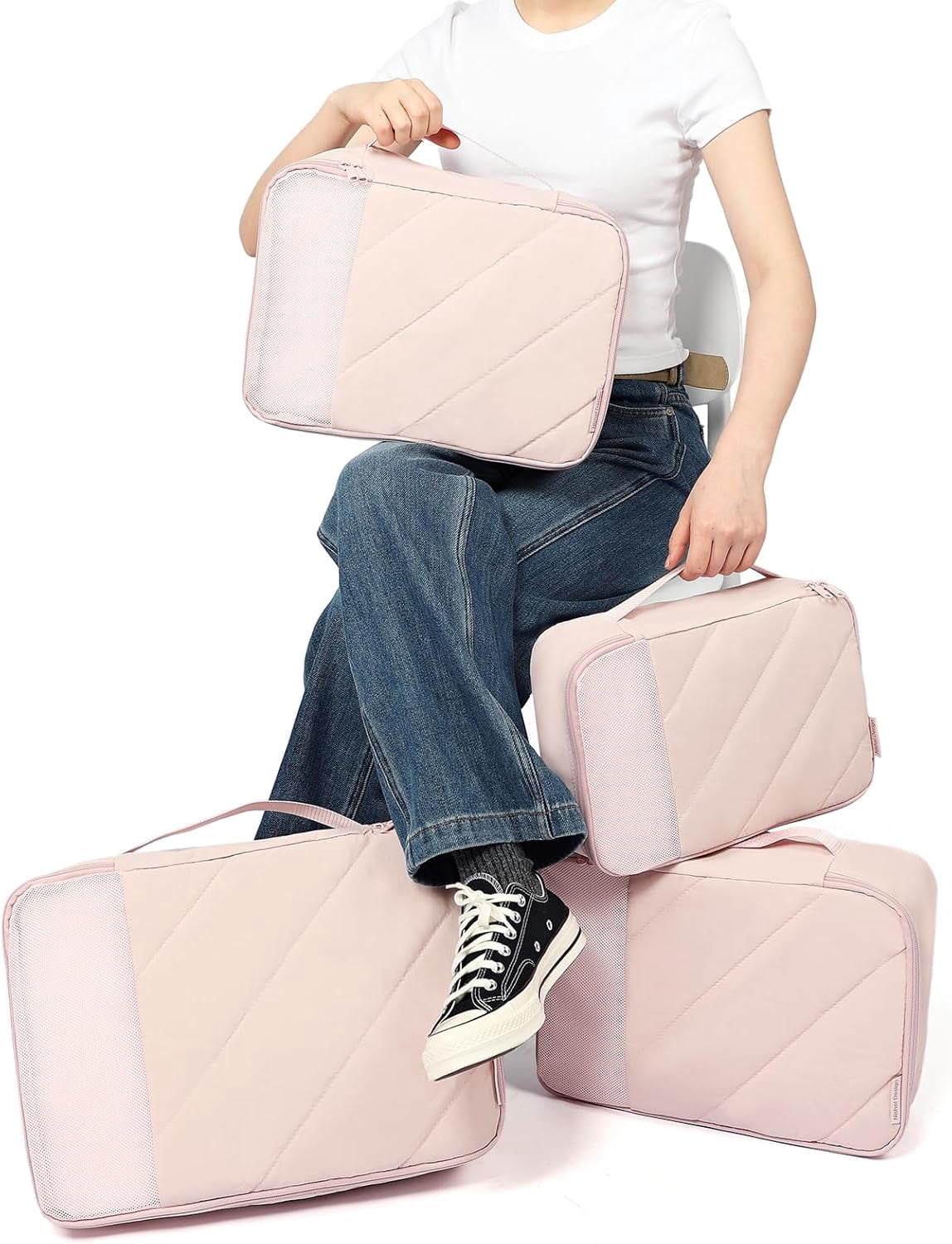 6-Set Packing Cubes for Travel – Luggage Organizer with Shoe Bag – Includes 1 Large, 3 Medium, 1 Small, 1 Shoe Bag – Breathable Mesh, Dual Zips – Pink