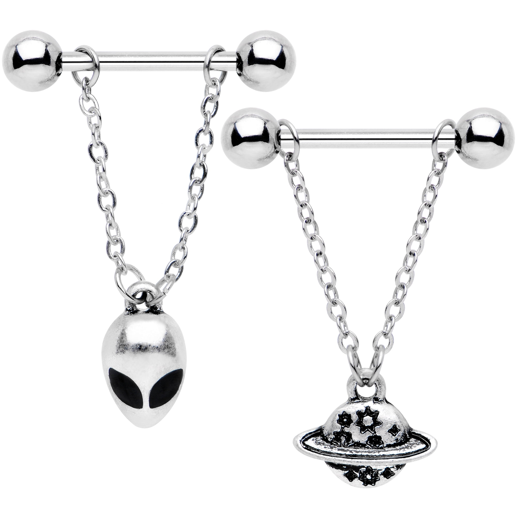 Body Candy Steel Alien Invasion Dangle Barbell Nipple Ring Set of 2 14