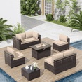 thumbnail image 2 of ALAULM 8 Pieces Outdoor PE Rattan Patio Conversation Furniture with 43" Gas Fire Pit Sofa Sets W/6 Cushions, Sand, 2 of 8