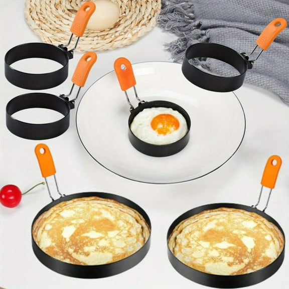 [Tools & Hardware] A Set of 6 Pcs Professional Egg Ring Pancake Ring Kit,4,6 Inch Stainless Steel Fried Egg Molds,Griddle Pancake Shapers with Orange Silicone Handle for Breakfast Omelette Sandwich