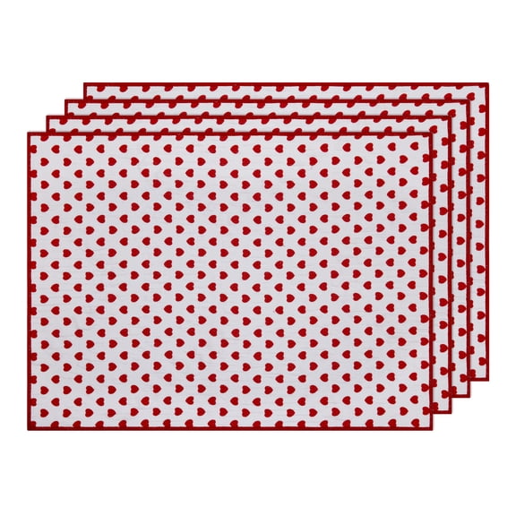 Hearts 4 Pack Table Placemat Set - 14" x 19" Each - 100% Cotton, Red & Ivory