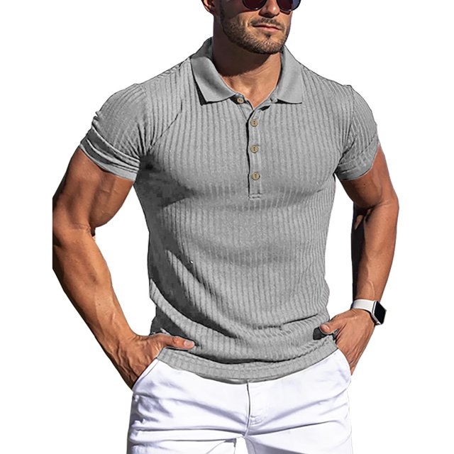 Camisas musculosas de manga corta para hombres Cuello vuelto Camisa de entrenamiento ajustada a rayas de color puro Gris XL