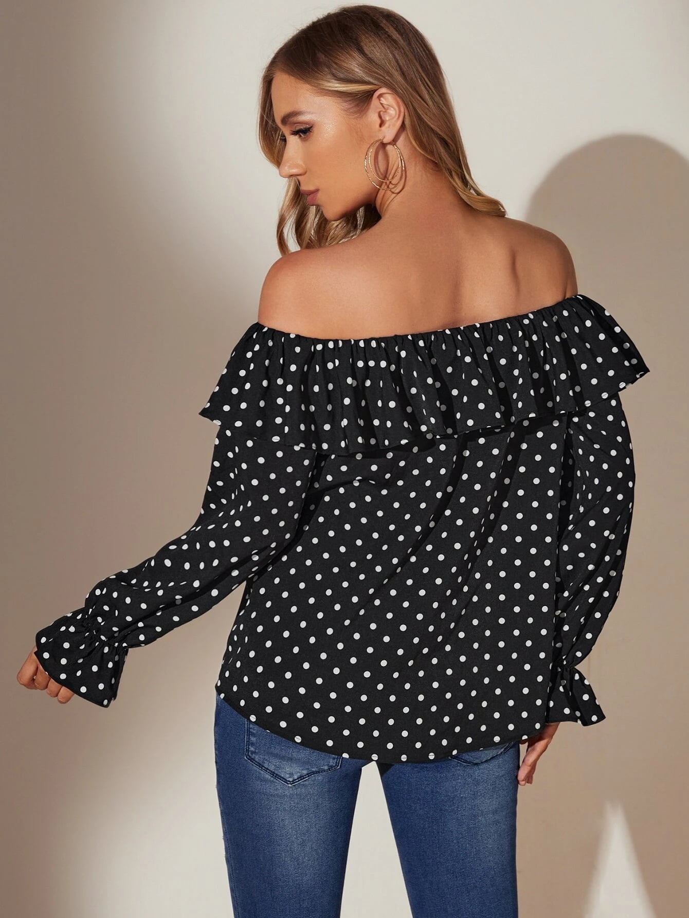 black and white polka dot off the shoulder top