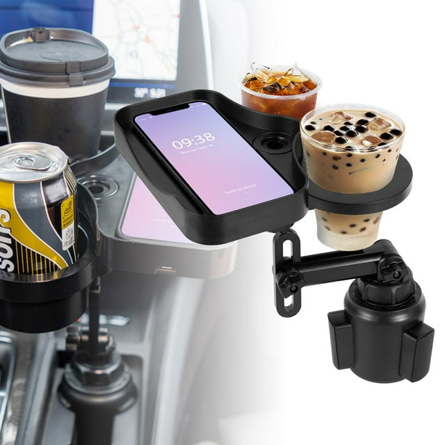 Cup Holder Expander for Car Adjustable Cup Holder with Attachable Tray 360° Rotatable Car Mount Cup Table Organizer w/Phone Holder