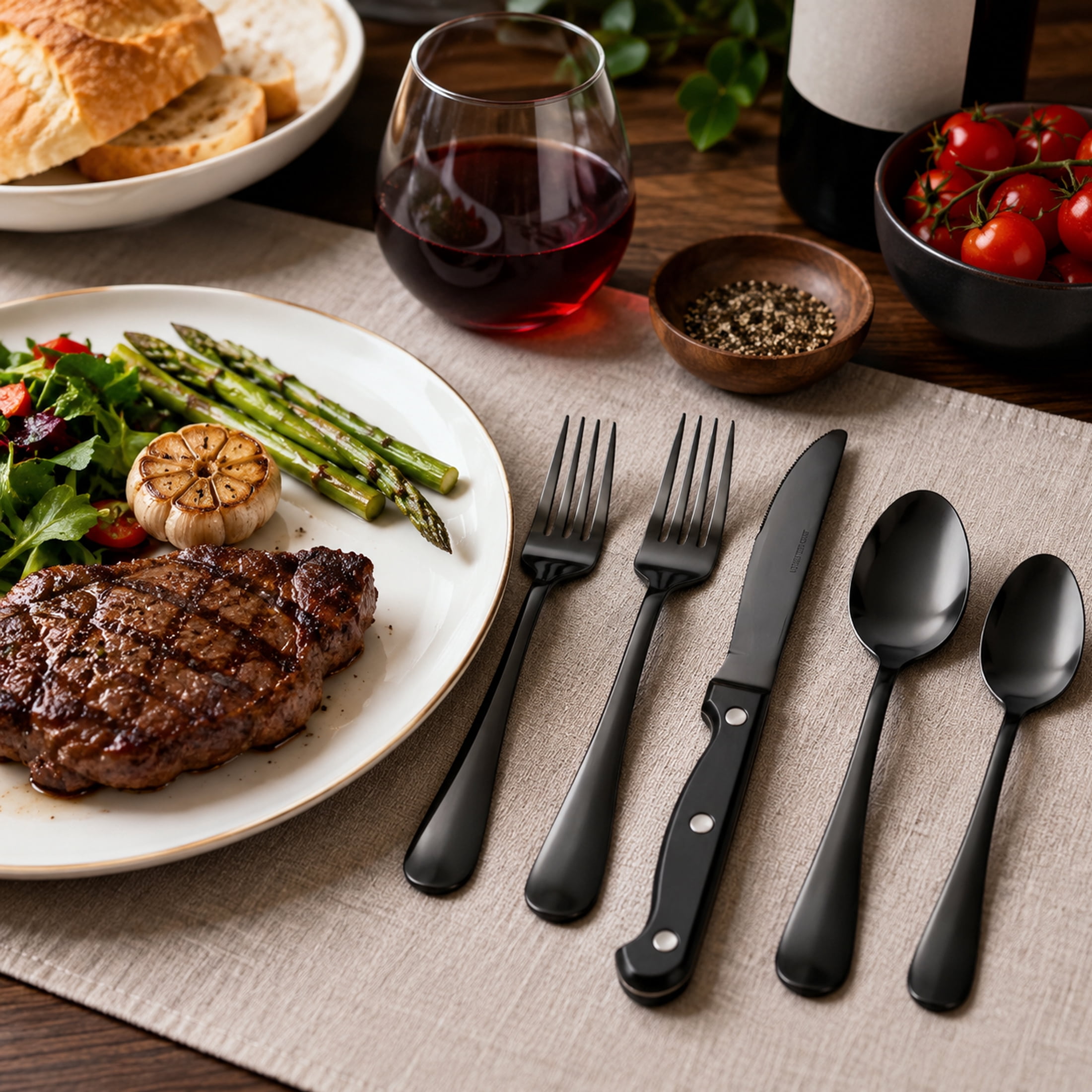 Koomade 24-Piece Flatware Set for 4, Stainless Steel with Steak Knives, Modern Black Silverware Set, Dishwasher Safe