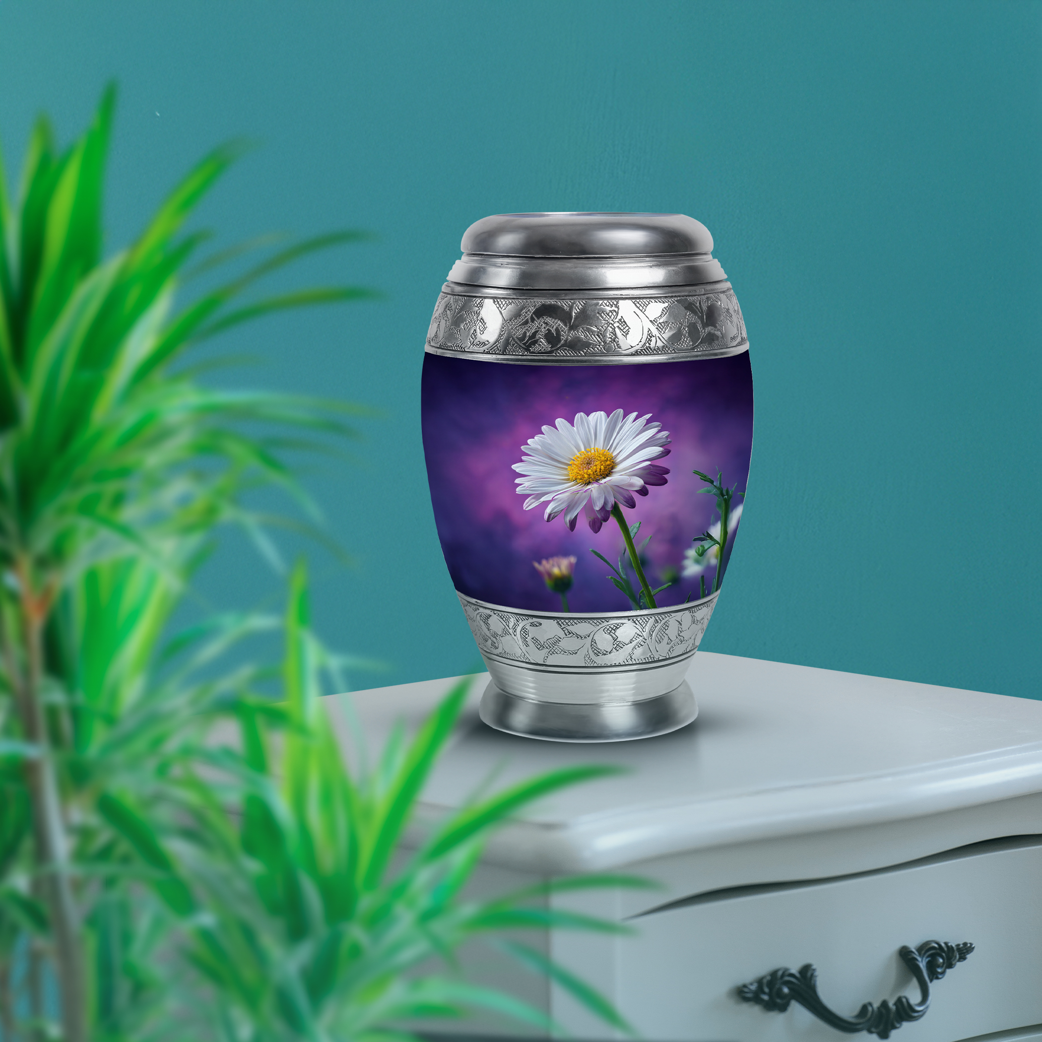 SABURIAL Daisy Urn - Funeral Urn Ashes - Unique Design - 10 Inch - Large With Velvet Bag - Urns For Adult Male & Female - Ashes Urns Human Remains - Decorative For Cremation
