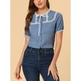 thumbnail image 5 of Allegra K Women's Short Sleeve Button Front Lace Panel Bow Tie Collar Blouse, 5 of 6
