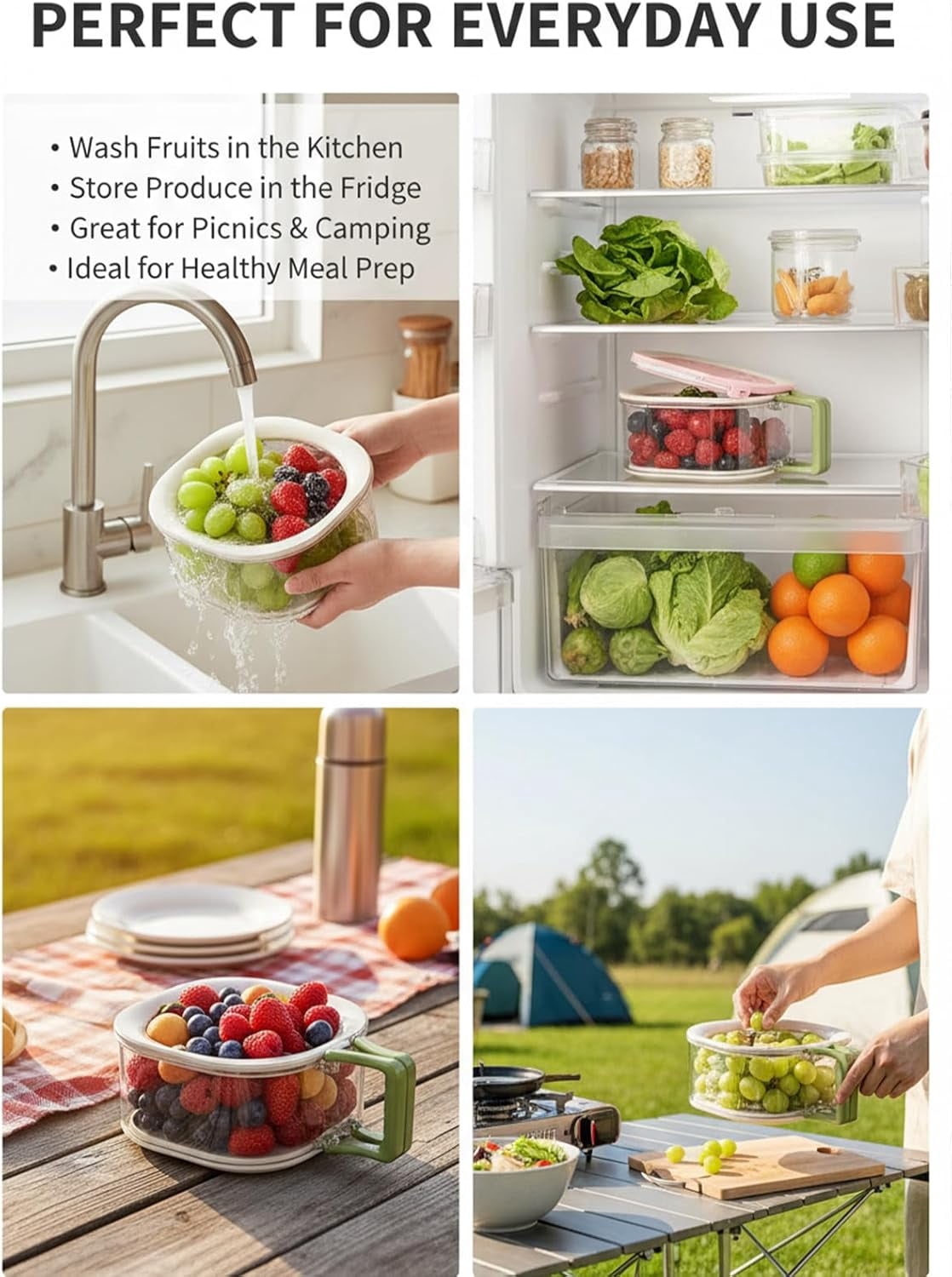 2-in-1 Draining and Preservation Basket, Fruit Washing Bowl with Strainer and Lid, Vegetable Washer Container for Kitchen and Fridge Storage