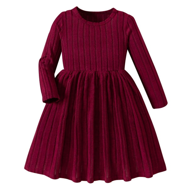 Odeerbi Vestido de Manga Larga de Punto Elástico Para Niñas Vestido de Color Sólido En Línea A Para Niños