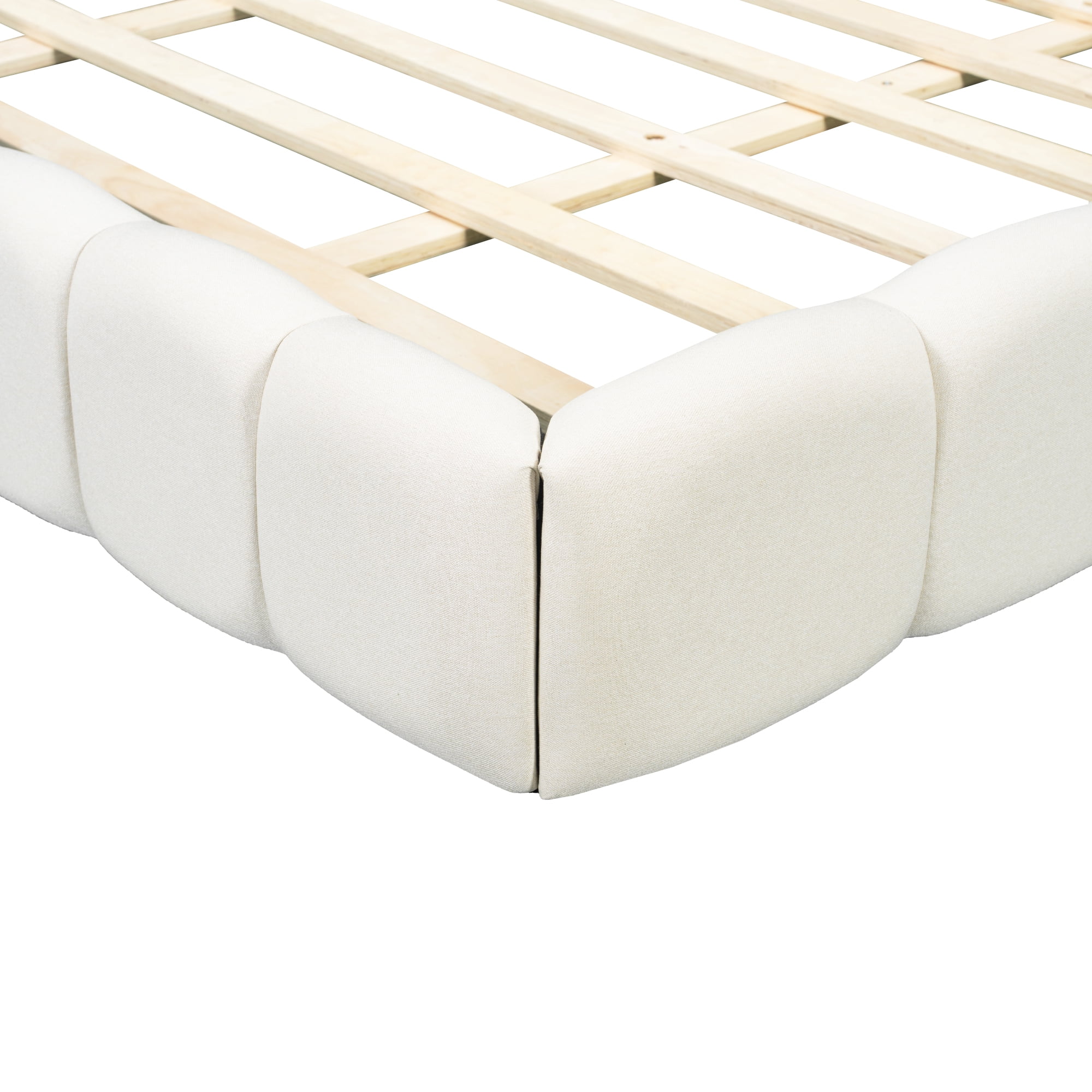 Aukfa King Size Upholstered Platform Bed, Modern Grounded Bed Frame with Thick Linen Fabric Headboard & Footboard, Beige